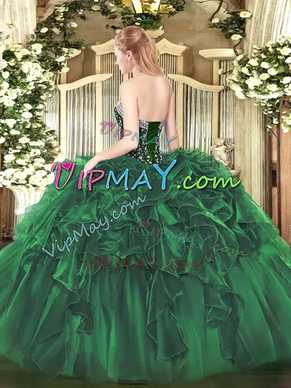 Beautiful Dark Green Sleeveless Beading and Ruffles Floor Length 15 Quinceanera Dress