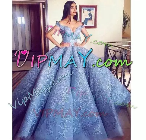 Unique Baby Blue Lace Up Off The Shoulder Appliques Sweet 16 Quinceanera Dress Tulle Sleeveless