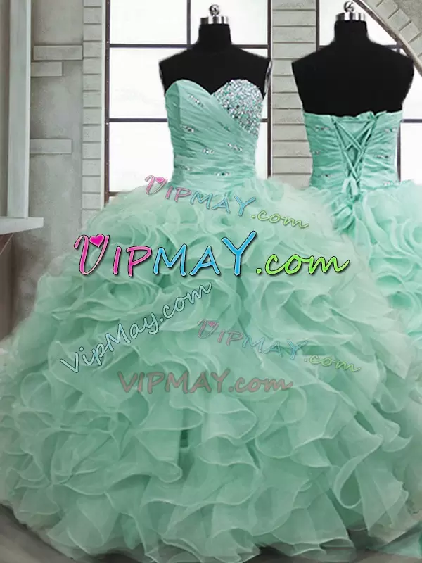 Sophisticated Apple Green Organza Lace Up 15 Quinceanera Dress Sleeveless Floor Length Beading and Ruffles