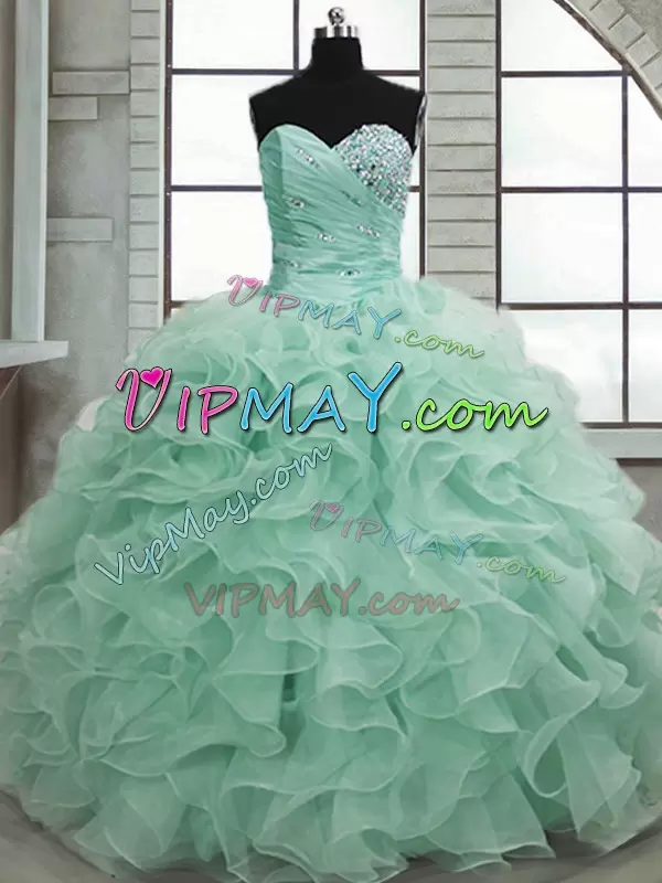 Sophisticated Apple Green Organza Lace Up 15 Quinceanera Dress Sleeveless Floor Length Beading and Ruffles