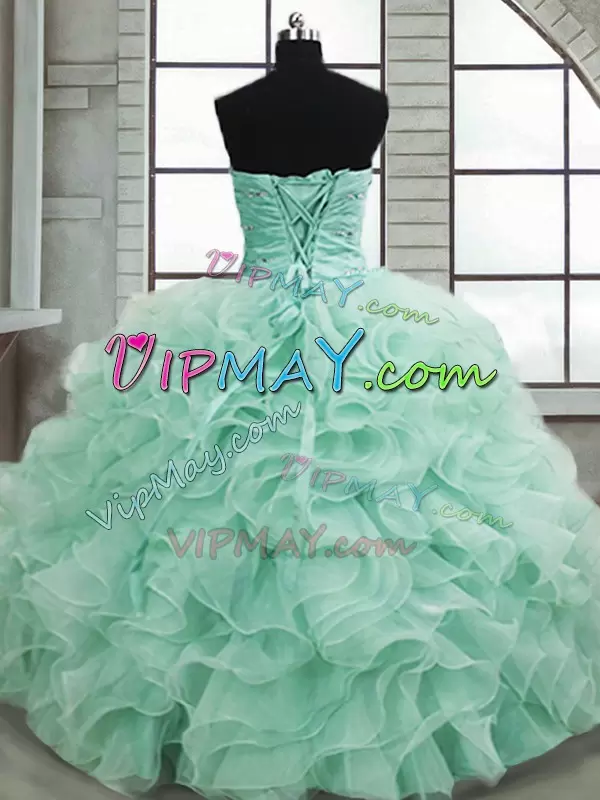 Sophisticated Apple Green Organza Lace Up 15 Quinceanera Dress Sleeveless Floor Length Beading and Ruffles