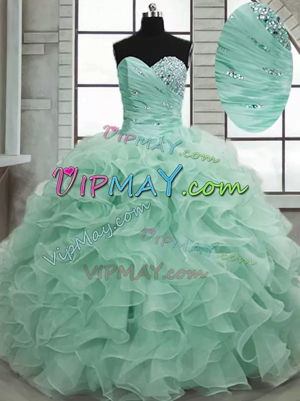 Sophisticated Apple Green Organza Lace Up 15 Quinceanera Dress Sleeveless Floor Length Beading and Ruffles