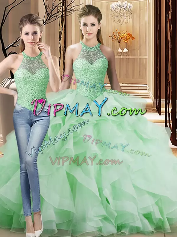 Shining Beading and Ruffles 15th Birthday Dress Apple Green Lace Up Sleeveless Brush Train