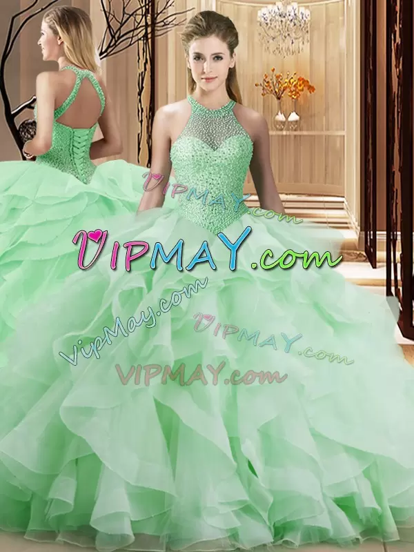 Shining Beading and Ruffles 15th Birthday Dress Apple Green Lace Up Sleeveless Brush Train