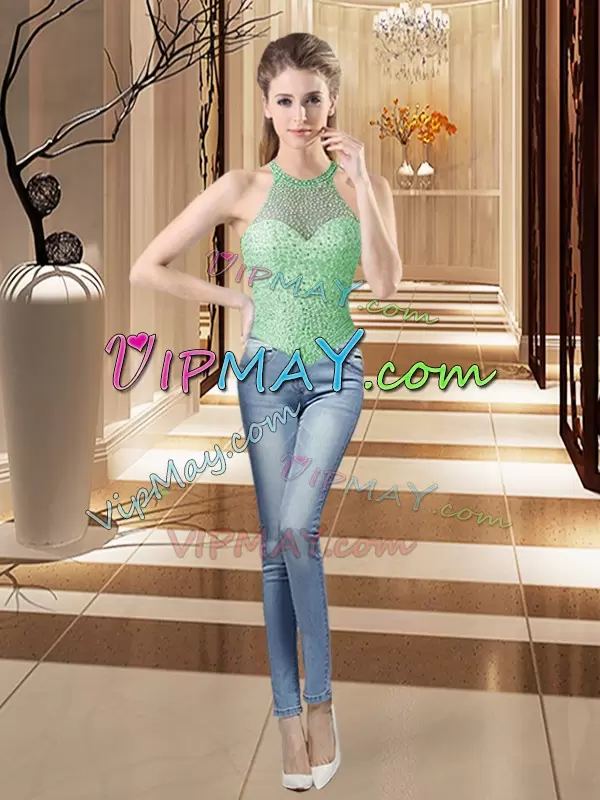 Shining Beading and Ruffles 15th Birthday Dress Apple Green Lace Up Sleeveless Brush Train