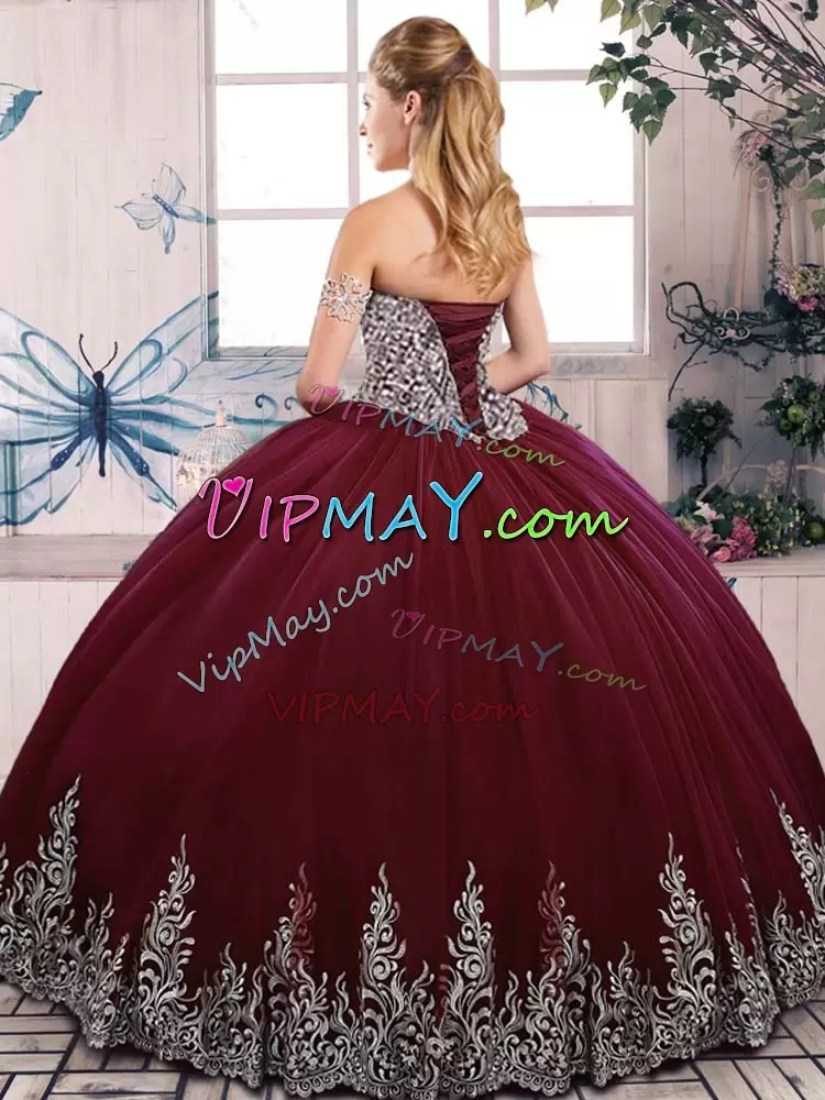 Fuchsia Ball Gowns Sweetheart Sleeveless Tulle Floor Length Lace Up Beading and Embroidery Sweet 16 Dresses