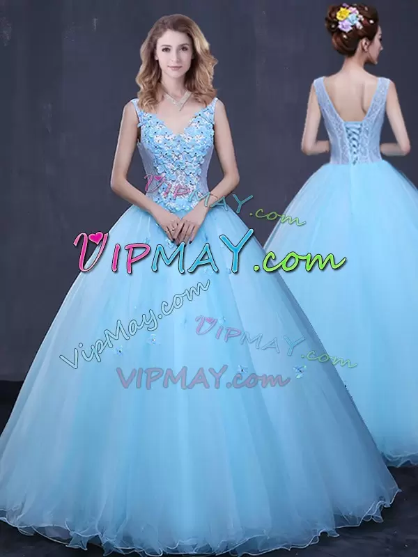 Light Blue Sleeveless Lace and Appliques Floor Length Sweet 16 Dress