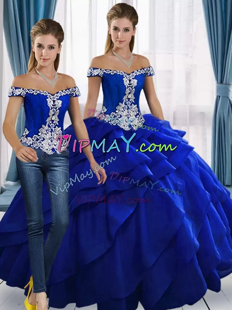 Best Floor Length Royal Blue Sweet 16 Quinceanera Dress Off The Shoulder Sleeveless Lace Up