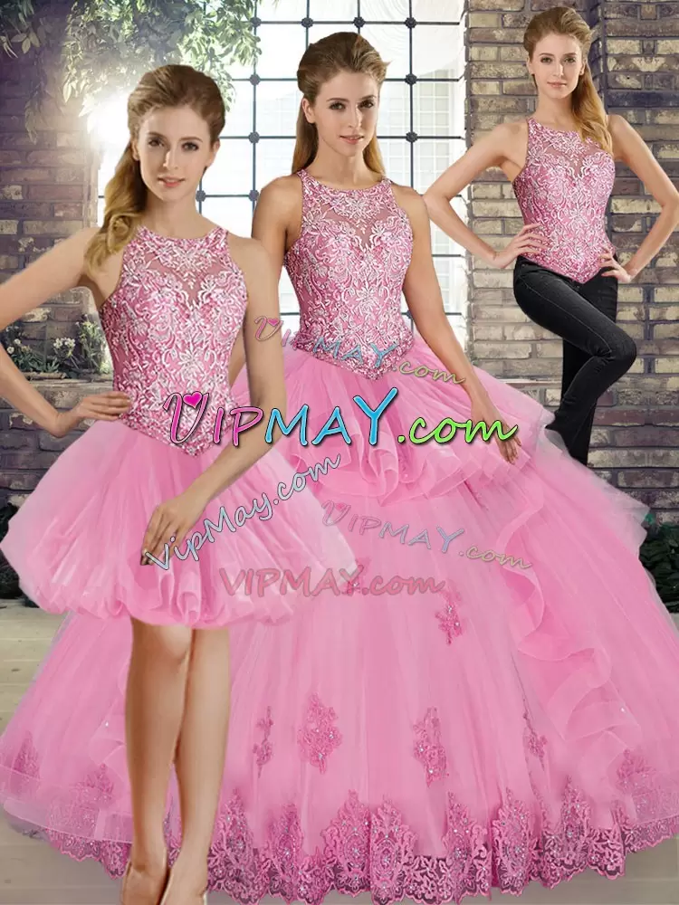 Elegant Scoop Sleeveless Sweet 16 Quinceanera Dress Floor Length Lace and Embroidery and Ruffles Rose Pink Tulle