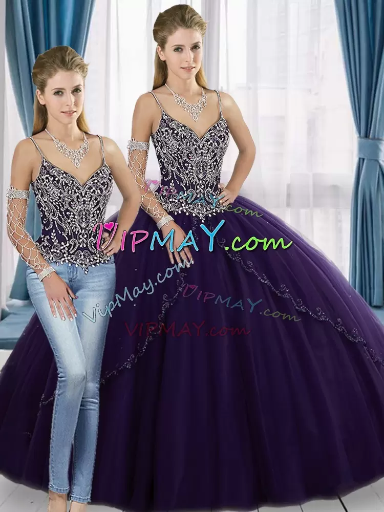 Spaghetti Straps Sleeveless Sweet 16 Dress Floor Length Beading Purple Tulle