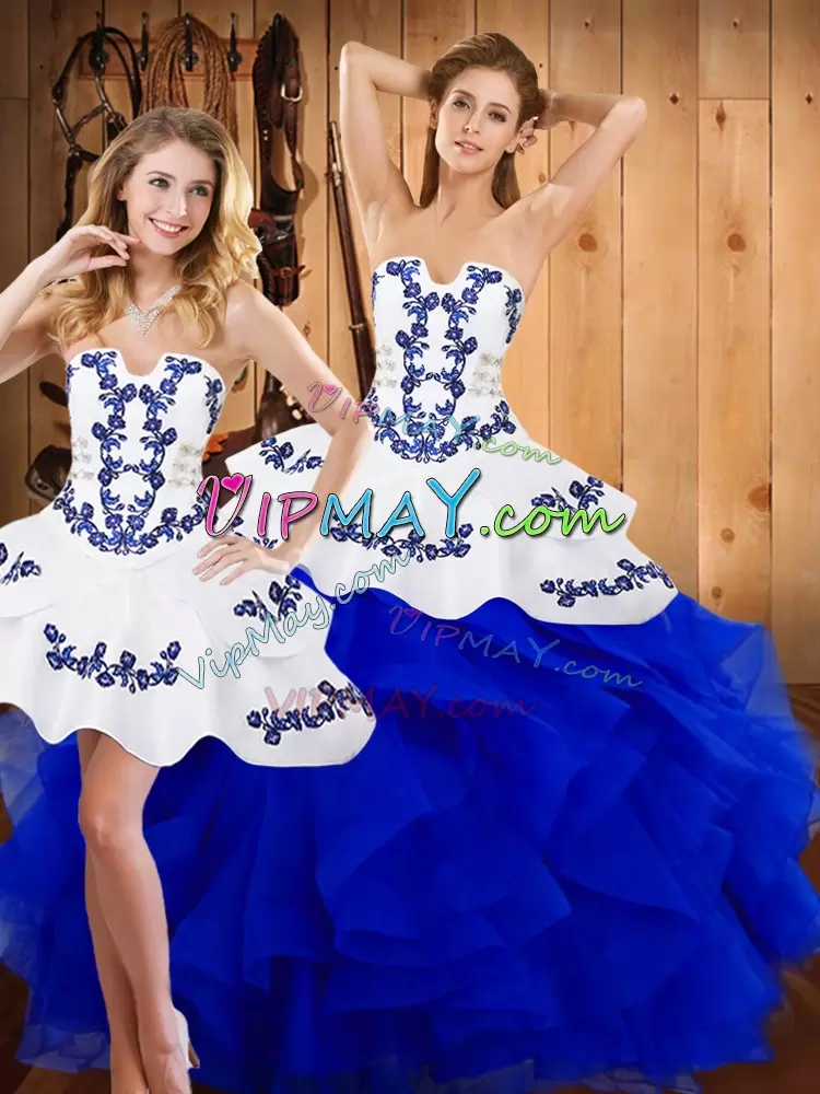 Perfect Satin and Organza Sleeveless Floor Length Quinceanera Dress and Embroidery and Ruffles