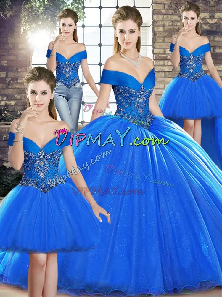 Dynamic Royal Blue Organza Lace Up Off The Shoulder Sleeveless Sweet 16 Quinceanera Dress Brush Train Beading