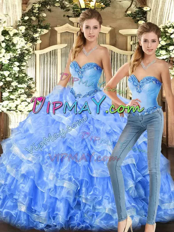 Two Pieces 15 Quinceanera Dress Baby Blue and Light Blue Sweetheart Organza Sleeveless Floor Length Lace Up