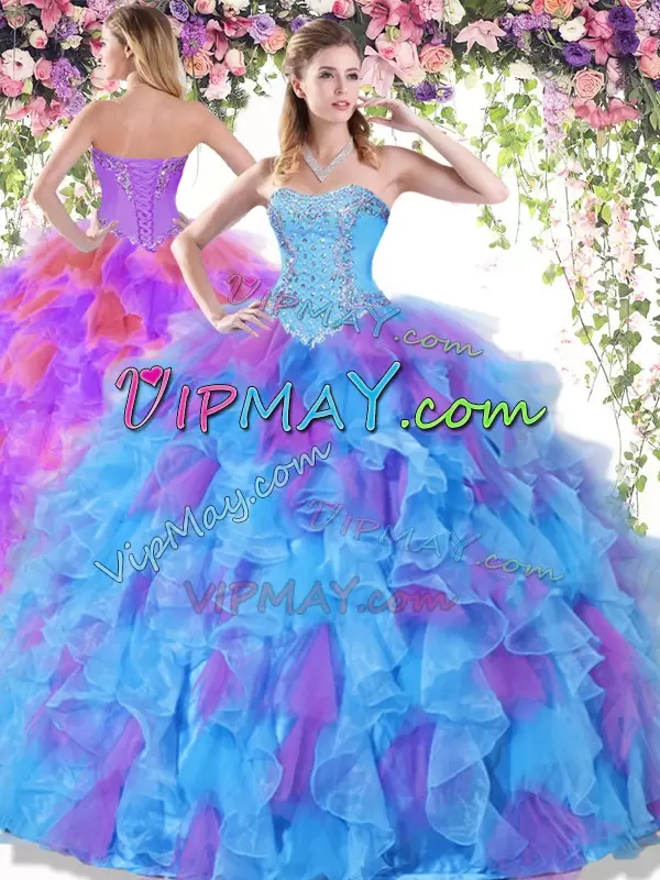 Aqua Blue and Laverder Two Tone Organza Sweet 16 Quinceanera Dress Beading and Ruffles