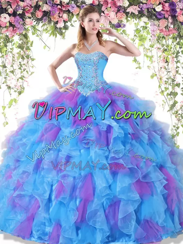 Aqua Blue and Laverder Two Tone Organza Sweet 16 Quinceanera Dress Beading and Ruffles