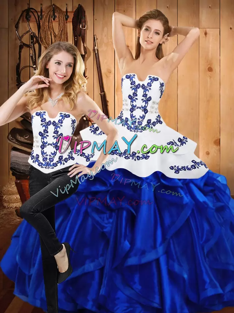 New Style Blue Satin and Organza Lace Up Quinceanera Dress Sleeveless Floor Length Embroidery and Ruffles