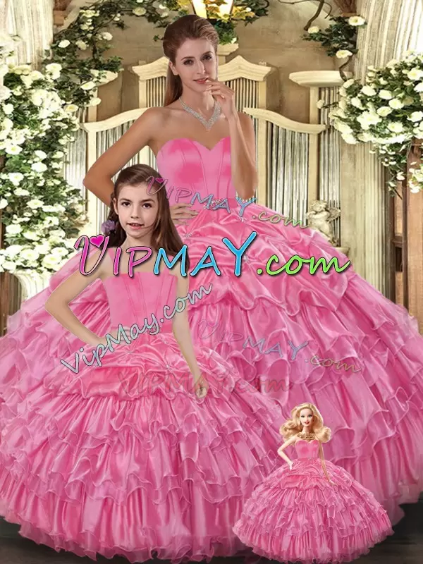 Rose Pink Ball Gowns Organza Sweetheart Sleeveless Ruffled Layers Floor Length Lace Up Ball Gown Prom Dress