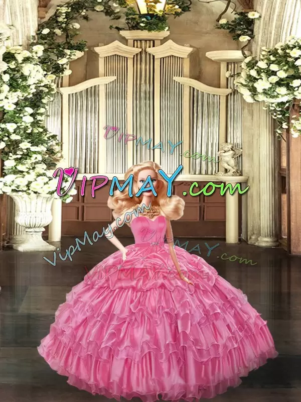 Rose Pink Ball Gowns Organza Sweetheart Sleeveless Ruffled Layers Floor Length Lace Up Ball Gown Prom Dress