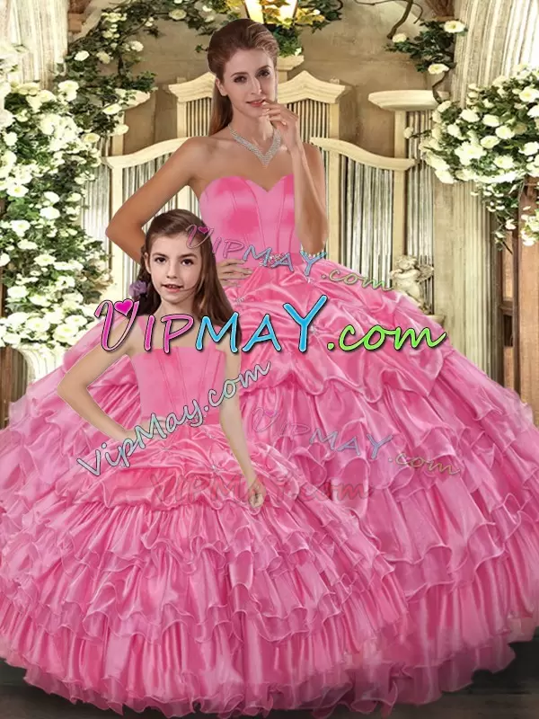 Rose Pink Ball Gowns Organza Sweetheart Sleeveless Ruffled Layers Floor Length Lace Up Ball Gown Prom Dress