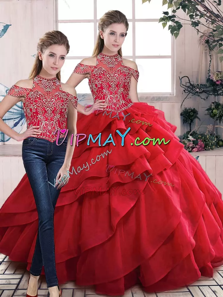 Halter Top Sweet 16 Dresses Beading and Ruffles Red Organza