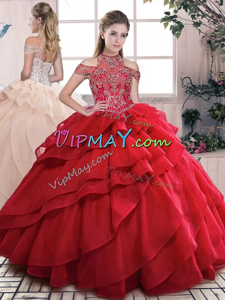 Halter Top Sweet 16 Dresses Beading and Ruffles Red Organza