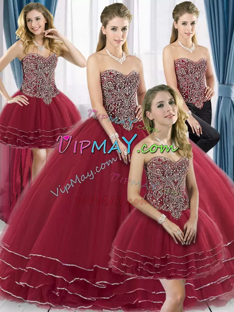 Eye-catching Beading and Ruffled Layers Quinceanera Gowns Wine Red Lace Up Sleeveless Sweep Train