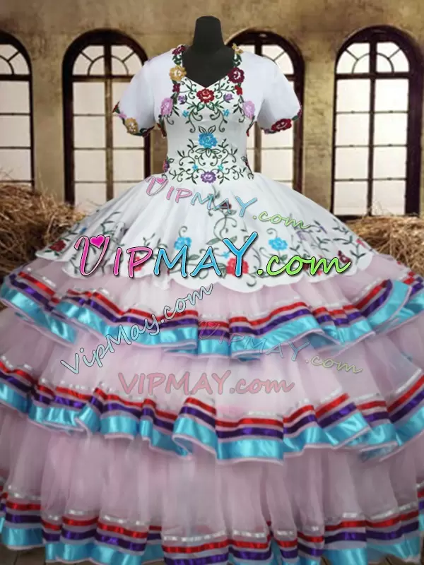 Most Popular Floor Length Lace Up Quince Ball Gowns White for Military Ball and Sweet 16 and Quinceanera with Embroidery and Ruffled Layers
