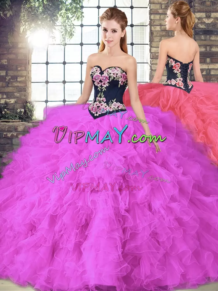 Floor Length Lace Up Quinceanera Gowns Fuchsia for Sweet 16 and Quinceanera with Beading and Embroidery