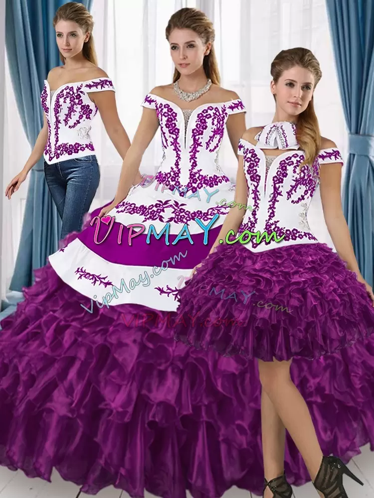 Luxurious Sleeveless Off The Shoulder Lace Up Floor Length Embroidery and Ruffled Layers Quinceanera Dresses Off The Shoulder