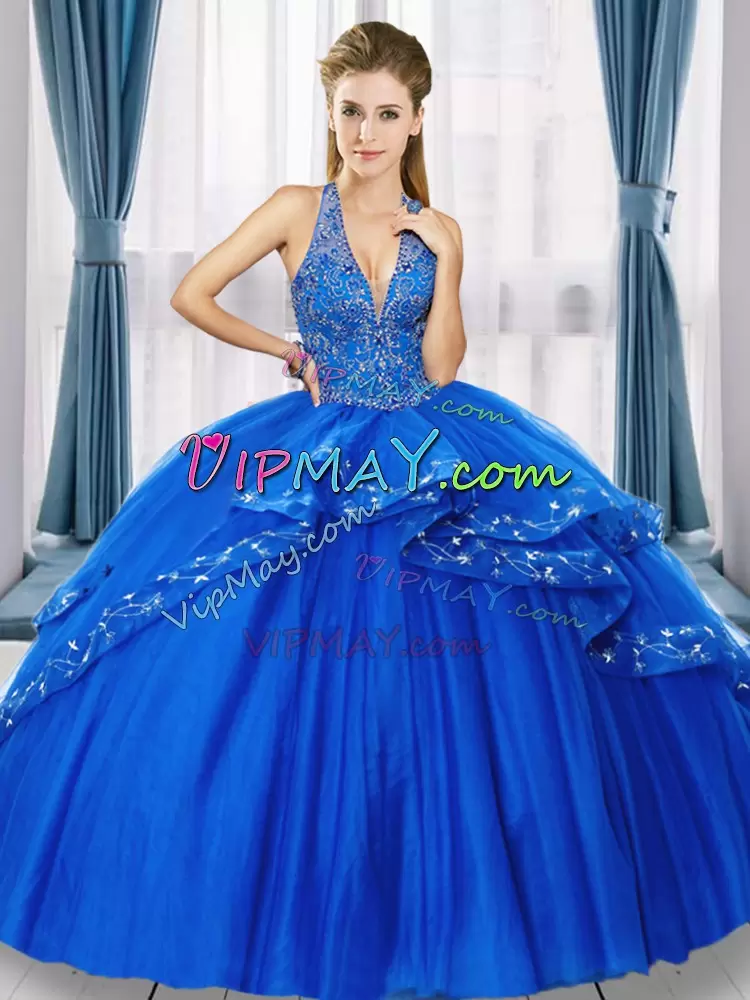 Ball Gowns Sweet 16 Quinceanera Dress Royal Blue V-neck Tulle Sleeveless Floor Length Lace Up