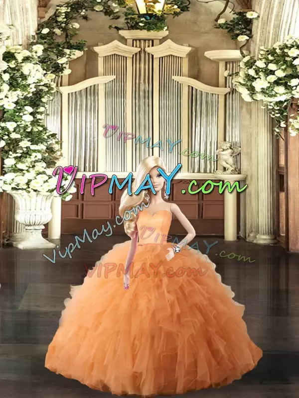 Elegant Ball Gowns Sweet 16 Quinceanera Dress Orange Sweetheart Tulle Sleeveless Floor Length Lace Up