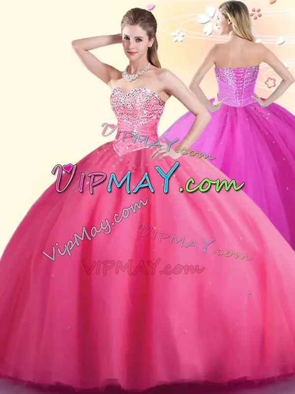 Fabulous Hot Pink Sleeveless Beading Floor Length Quinceanera Dress
