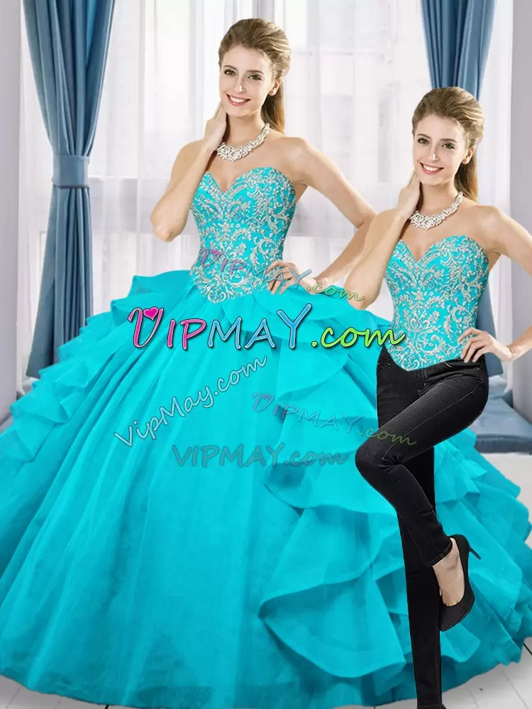 Sexy Aqua Blue Sleeveless Organza Lace Up Quinceanera Gown for Military Ball and Sweet 16 and Quinceanera