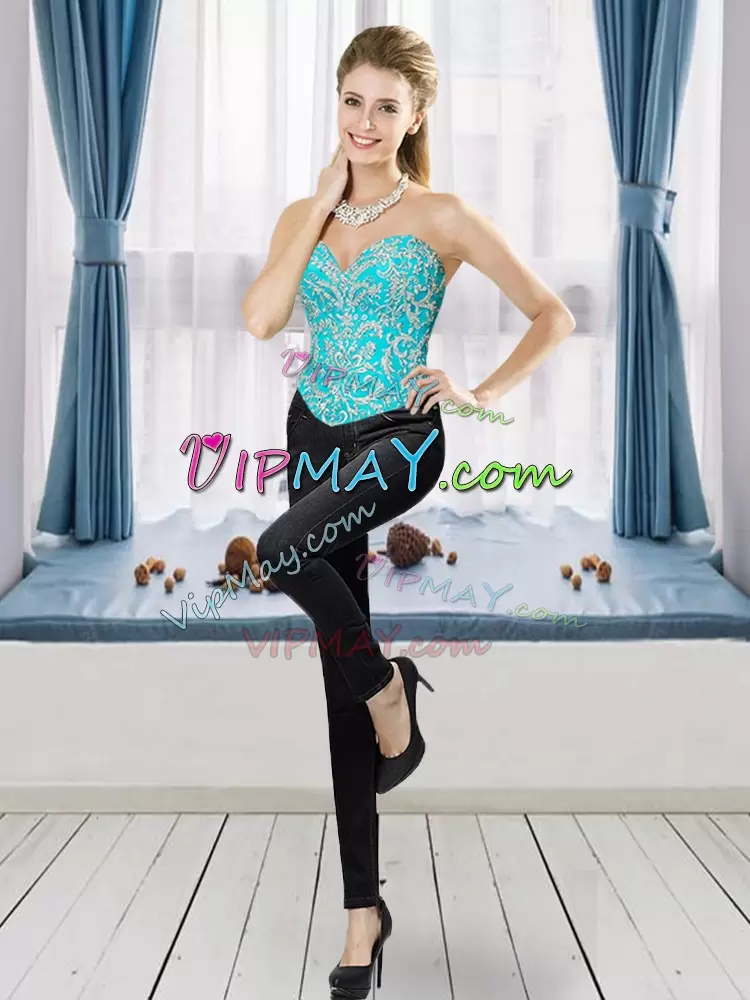 Sexy Aqua Blue Sleeveless Organza Lace Up Quinceanera Gown for Military Ball and Sweet 16 and Quinceanera