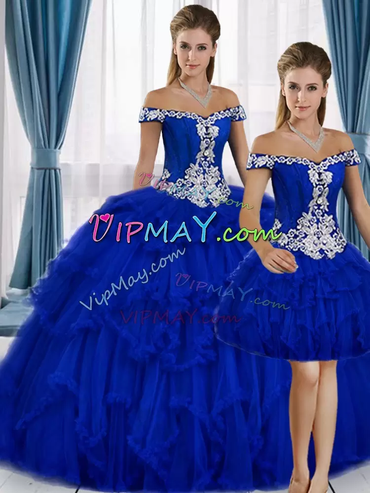 Royal Blue Tulle Lace Up Sweetheart Sleeveless Floor Length Sweet 16 Dress Beading and Appliques