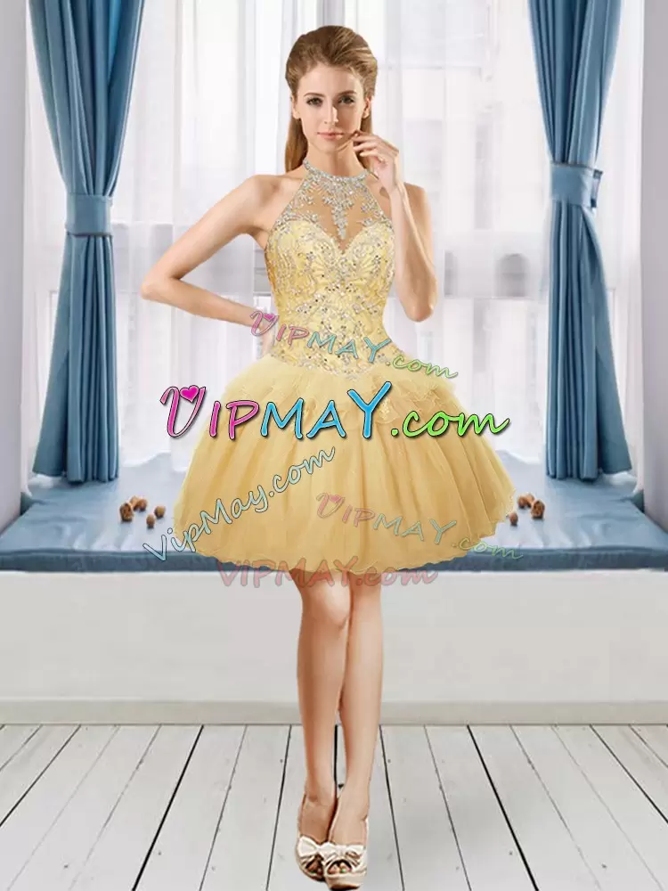 Beading and Appliques Quinceanera Gown Gold Lace Up Sleeveless Floor Length