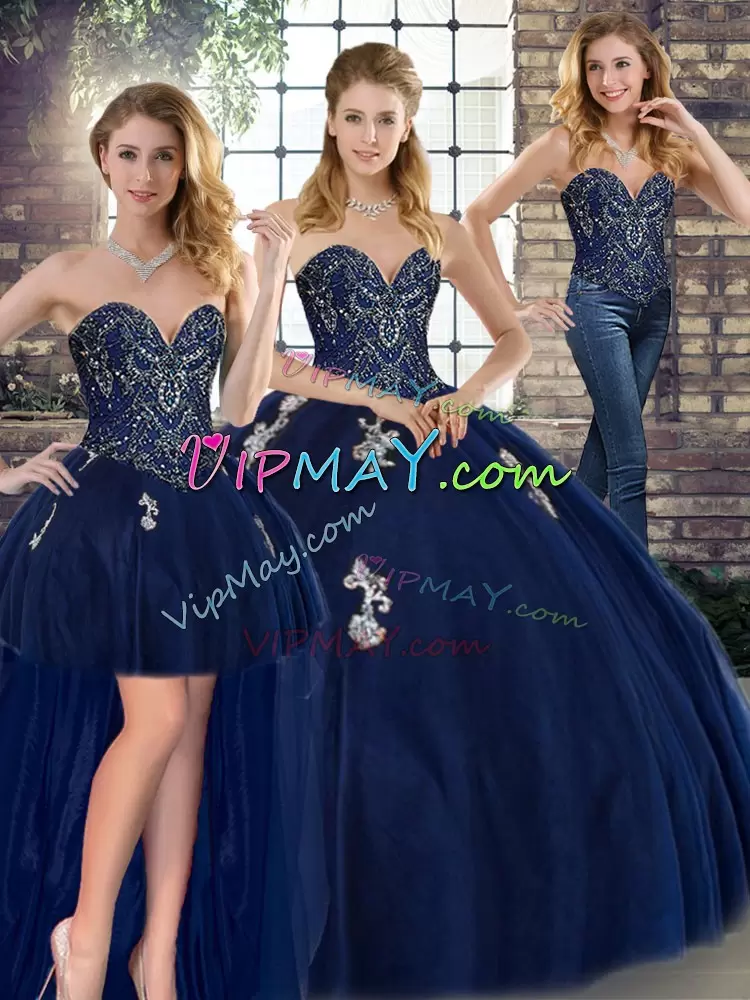 Floor Length Three Pieces Sleeveless Navy Blue Quinceanera Gown Lace Up