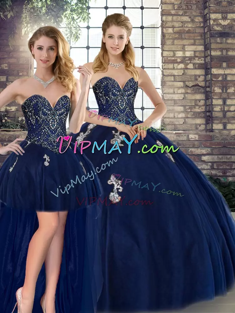 Floor Length Three Pieces Sleeveless Navy Blue Quinceanera Gown Lace Up