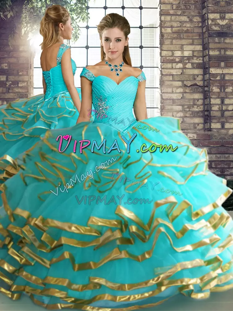 Aqua Blue Two Pieces Beading and Ruffled Layers Vestidos de Quinceanera Lace Up Tulle Sleeveless Floor Length