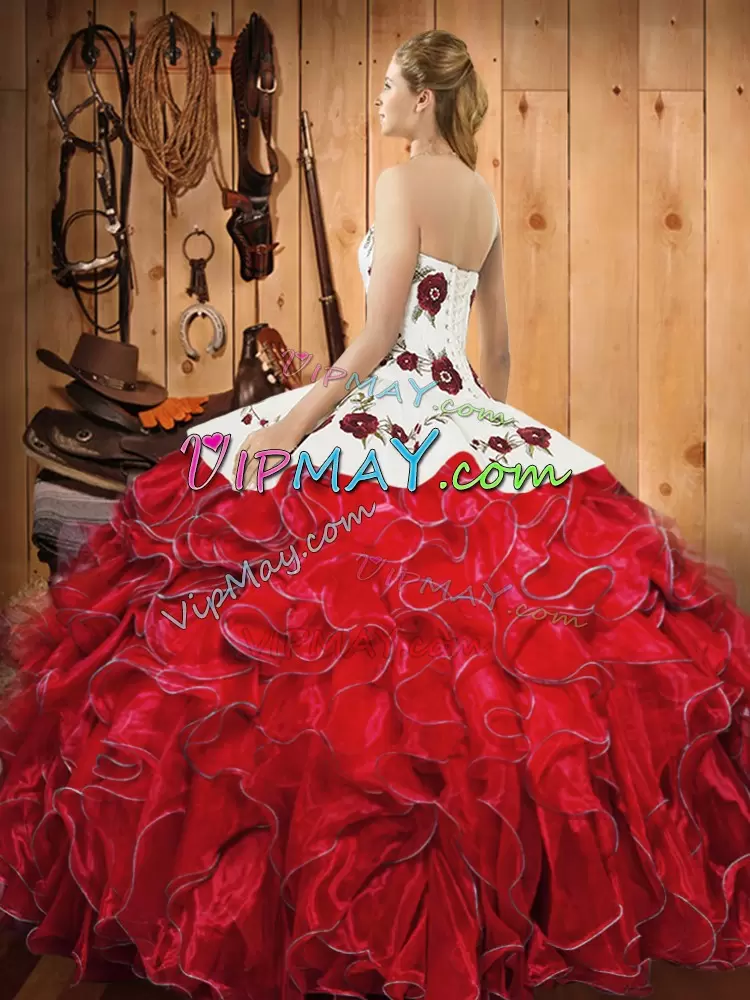 Admirable Sleeveless Halter Top Lace Up Floor Length Embroidery and Ruffles Quinceanera Gown Halter Top