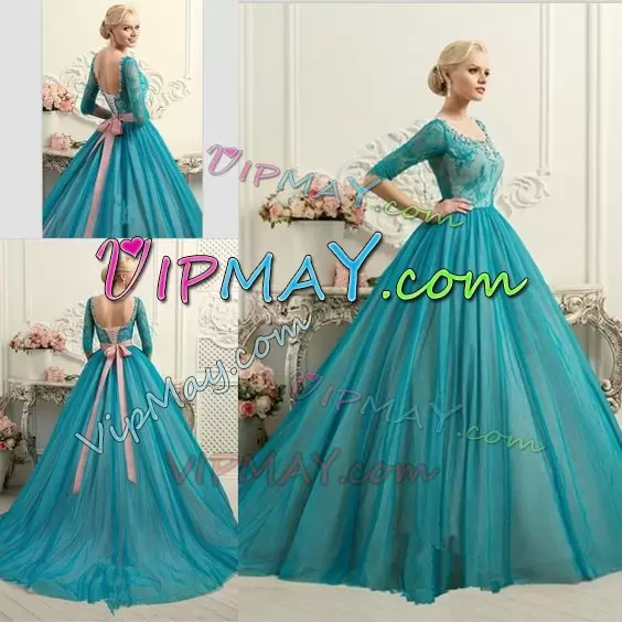 Teal Half Sleeves With Train Beading and Bowknot Backless Sweet 16 Dress Square