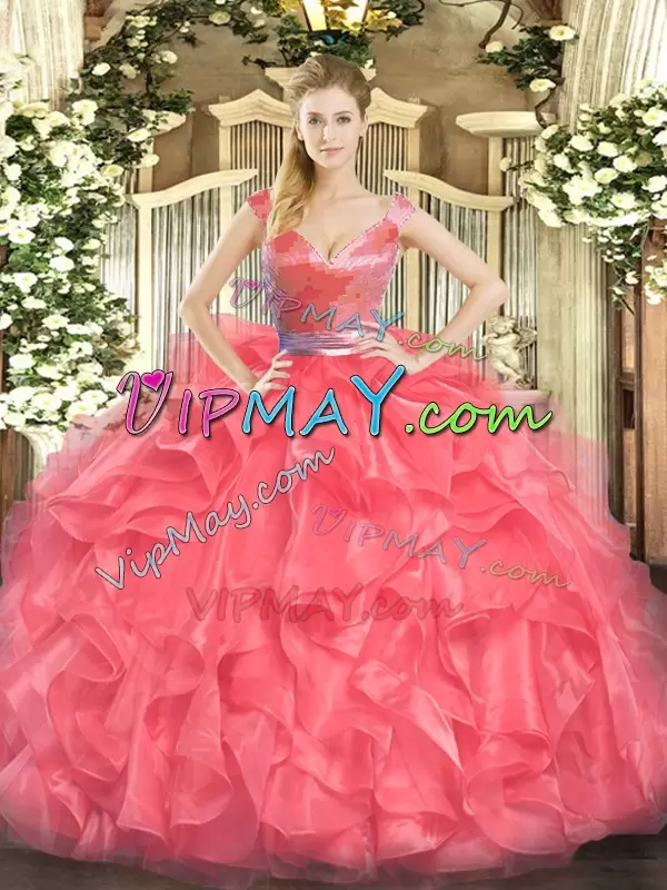 Ball Gowns 15th Birthday Dress Coral Red V-neck Tulle Sleeveless Floor Length Zipper