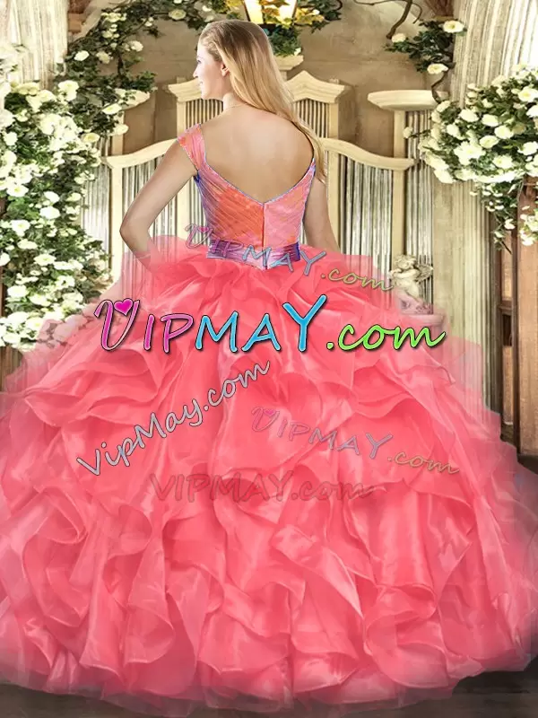 Ball Gowns 15th Birthday Dress Coral Red V-neck Tulle Sleeveless Floor Length Zipper