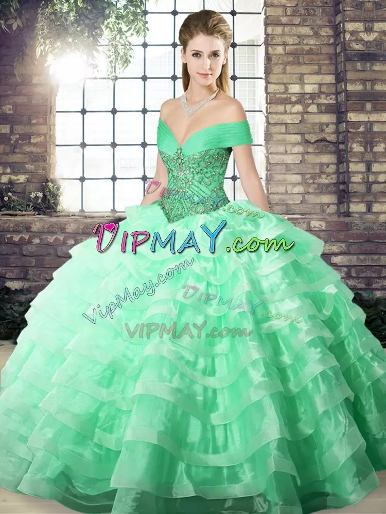 Exceptional Apple Green Ball Gowns Organza Off The Shoulder Sleeveless Beading and Ruffled Layers Lace Up 15 Quinceanera Dress Brush Train