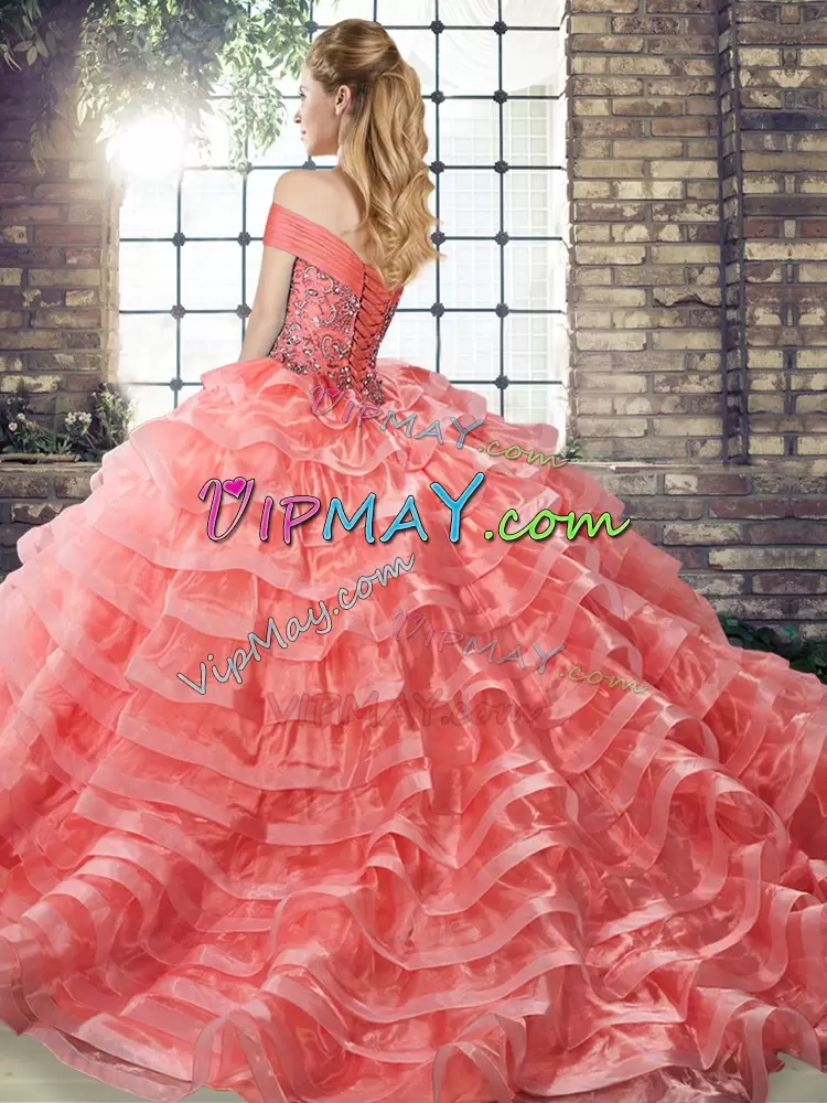 Exceptional Apple Green Ball Gowns Organza Off The Shoulder Sleeveless Beading and Ruffled Layers Lace Up 15 Quinceanera Dress Brush Train