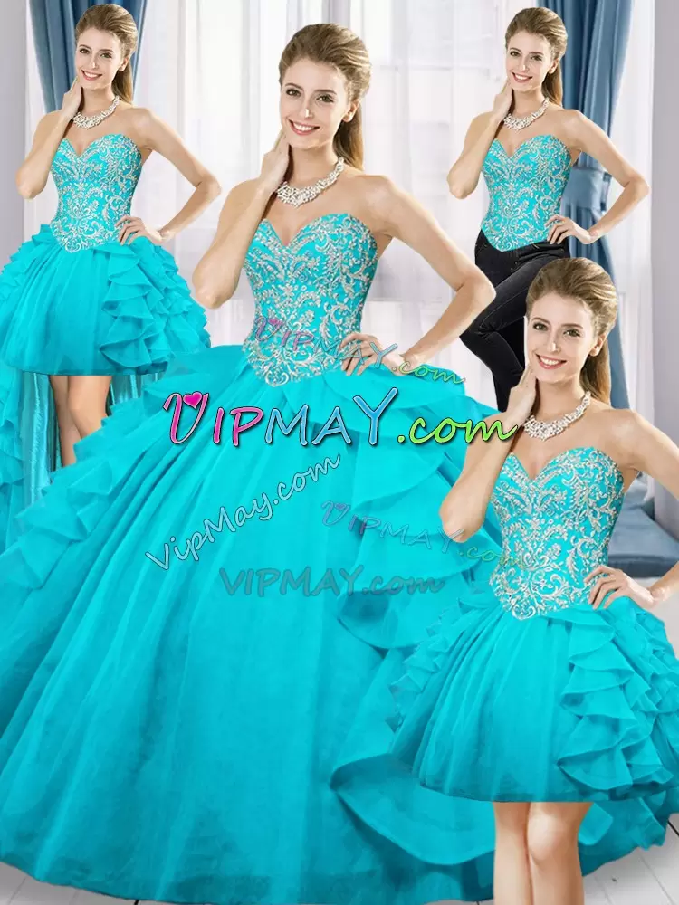 Lovely Aqua Blue Quince Ball Gowns Military Ball and Sweet 16 and Quinceanera with Beading and Ruffles Sweetheart Sleeveless Lace Up