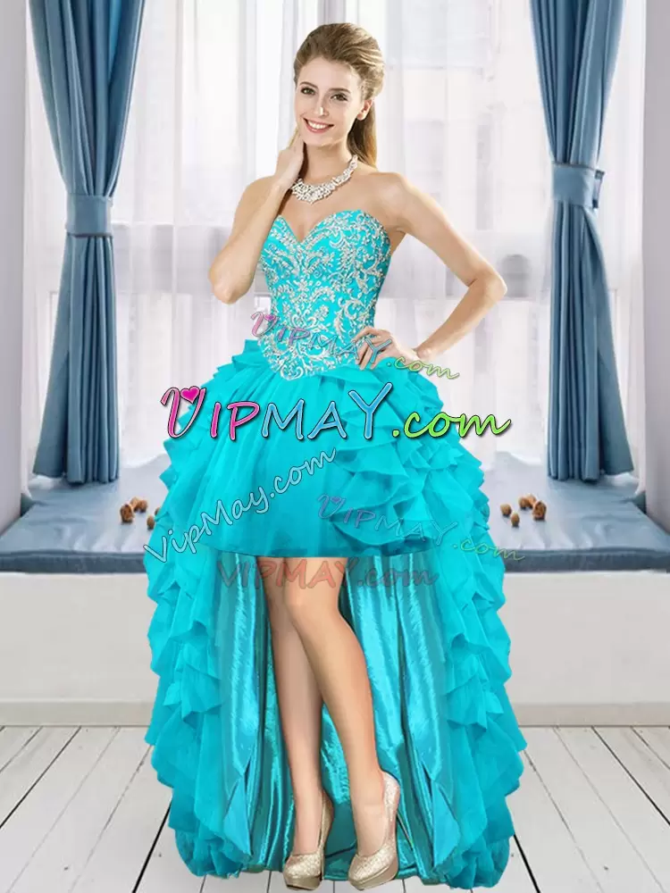 Lovely Aqua Blue Quince Ball Gowns Military Ball and Sweet 16 and Quinceanera with Beading and Ruffles Sweetheart Sleeveless Lace Up