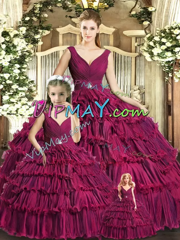 Super Floor Length Backless Sweet 16 Quinceanera Dress Burgundy for Sweet 16 and Quinceanera with Ruffled Layers