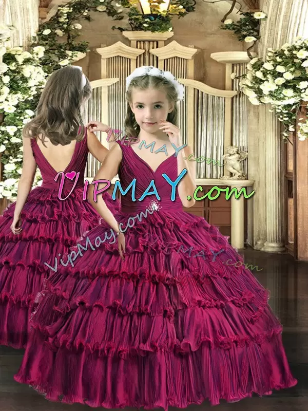 Super Floor Length Backless Sweet 16 Quinceanera Dress Burgundy for Sweet 16 and Quinceanera with Ruffled Layers