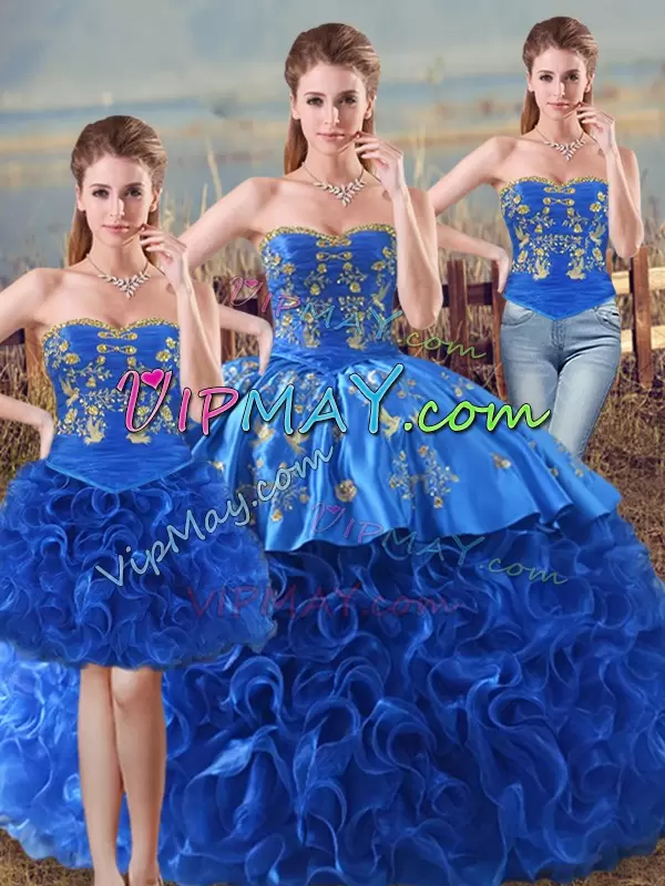 Latest Royal Blue Ball Gowns Fabric With Rolling Flowers Sweetheart Sleeveless Embroidery and Ruffles Floor Length Lace Up Quinceanera Dress